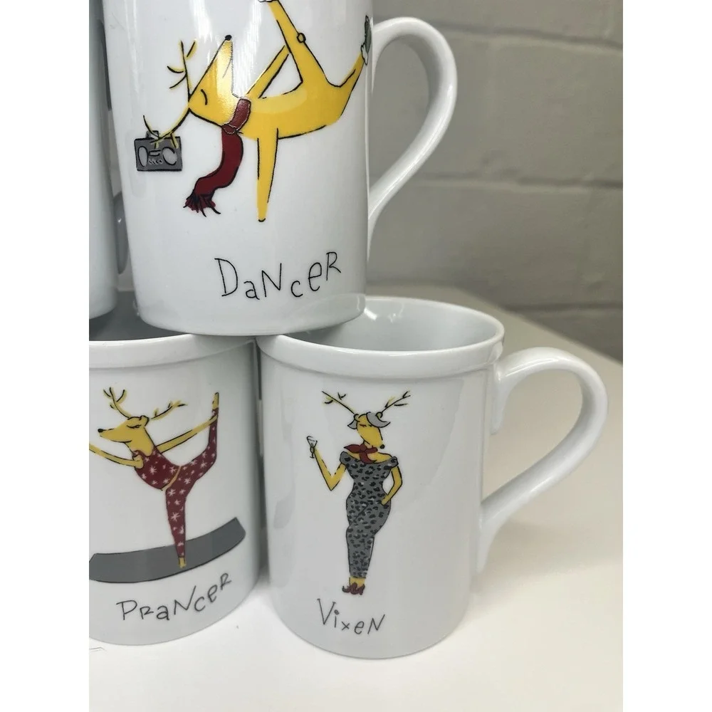 6 Pottery Barn Reindeer Mugs Dasher Dancer Prancer Vixen Cupid Donner Hip‎ Yoga